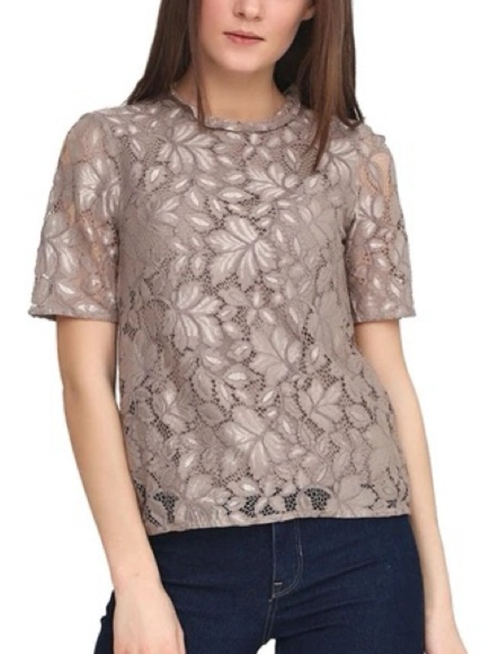 H&M Lace Floral Short-Sleeve Top - Taupe